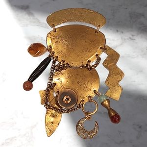 Vintage Marjorie Baer Brooch Bronze Tone Modernist Dangle‎ Pin Signed